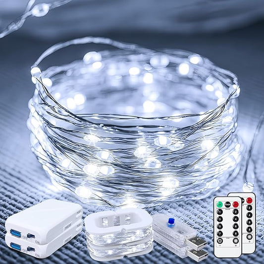 50LED Fairy Lights USB & Battery Powered 2Pack, 16FT White Fairy String Lights with 8 Modes & Timer, Cuttable Copper Wire Waterproof Twinkle Light Indoor Outdoor for Bedroom Wedding Christmas Decor