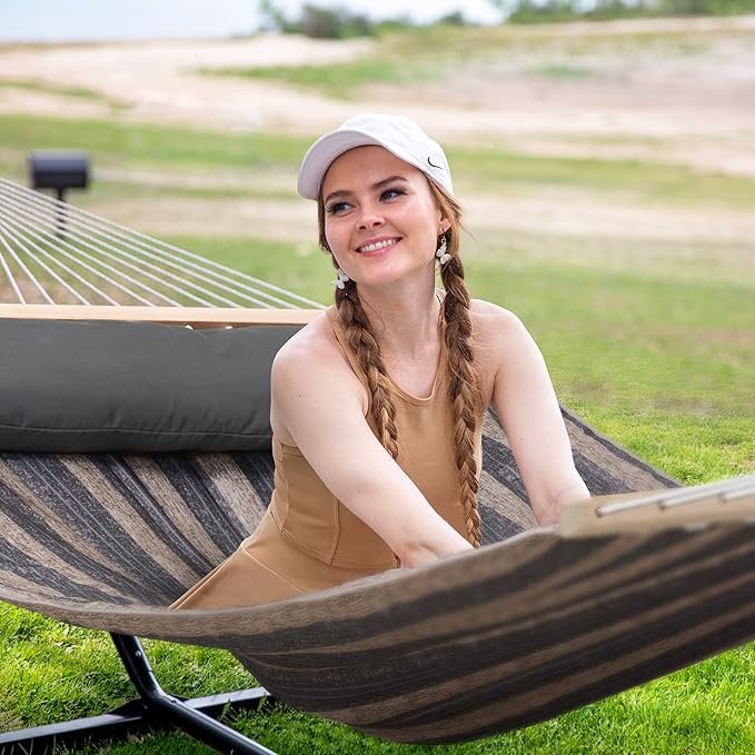 SUNCREAT Hammock with Stand 2 Person Heavy Duty, Freestanding Hammock with Spreader Bar, Soft Pillow, Gray Stripes