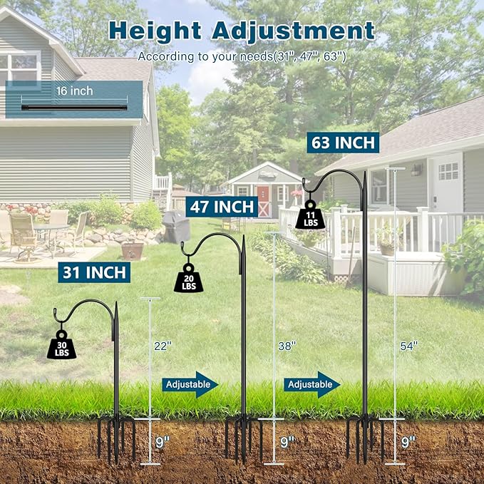 Gtongoko Adjustable 63 Inch Shepherds Hooks for Outdoor with 5 Prongs Base, Bird Feeder Pole Garden Hooks for Hanging Lanterns, Plants Baskets, Hummingbird Feeders, 1 Pack