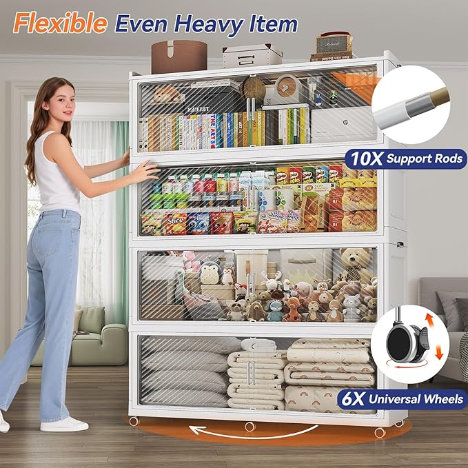 320GAL Extra Large Stackable Storage Bins with Lid, 1280QT Plastic Closet Organizer and Storage Cabinet with Wheels and Doors, Folding Storage Box Container for Home Organization, 4Pack White