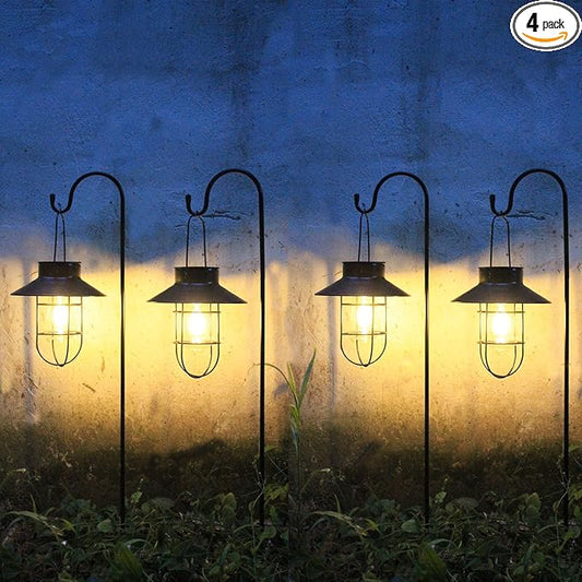 4 Pack Hanging Solar Lantern Lights with Shepherd Hook, Metal Waterproof Warm White Edison Bulb Lights for Garden Outdoor Pathway