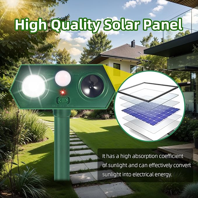 2 Pack Ultrasonic Solar Animal Repellent Cat Deterrent Outdoor,Deer Repellent with Motion Sensor Strobe Light,Waterproof Animal Repeller for Raccoon Squirrel Rabbit Dog Skunk,Yard Garden Protection