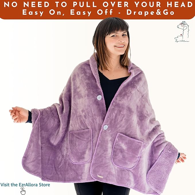 Fleece Poncho Blanket -Drape and Go No Sleeves- Lightweight Warm Wrap Shawl - Wearable Blanket - Lap Blanket - Gift for Grandma and Mom (100% Fleece, Velvet Lavender)