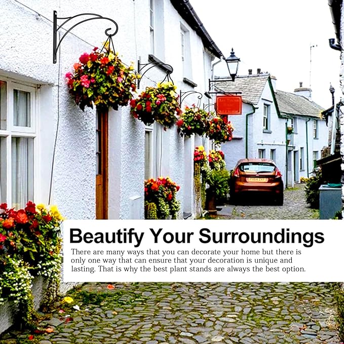 Hanging Plant Brackets, Pack of 4 Iron Hanging Basket Bracket Durable Weather-Resistant Outdoor Plant Hooks for Hanging Plant Lantern Windchime Birdhouse Metal Sign Fruit Bracket, Screw Included