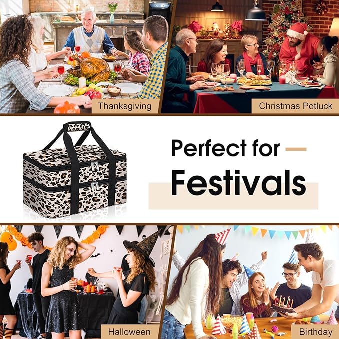 Double Insulated Casserole Carrier, Portable Casserole Carrier for Hot or Cold Food Lunch Tote Warmer or Cooler Bag, Lasagna Lunch Bag for Potluck Parties- Fits 9" x 13" Baking Dish-Leopard