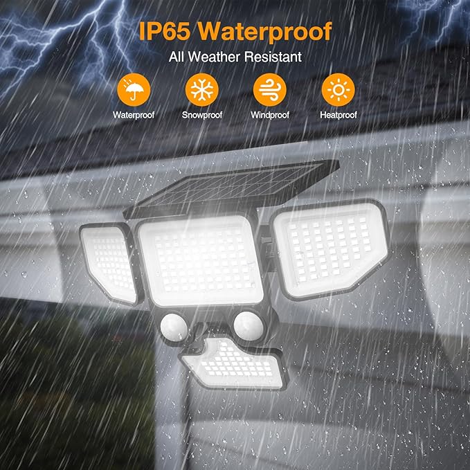 3000LM Solar Lights Outdoor, 4 Heads Solar Security Lights with Remote Control, 180 LEDs IP65 Waterproof Motion Sensor Lights 3 Modes Flood Lights for Wall, Porch, Yard, Outside, 4 Pack
