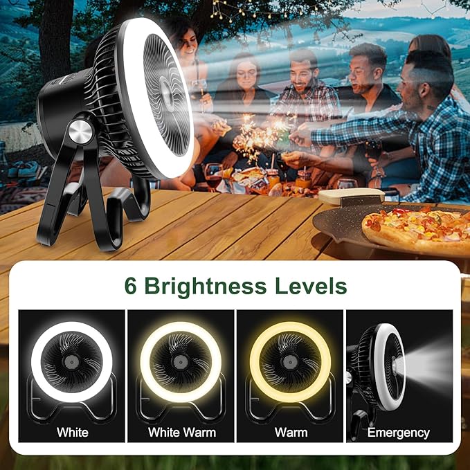 Portable Rechargeable Camping Fan with LED Lantern-40Hrs, Battery Operated Oscillating Fan with Remote, 3 Speeds for Tents, Outdoor, RV, Outage（Black）