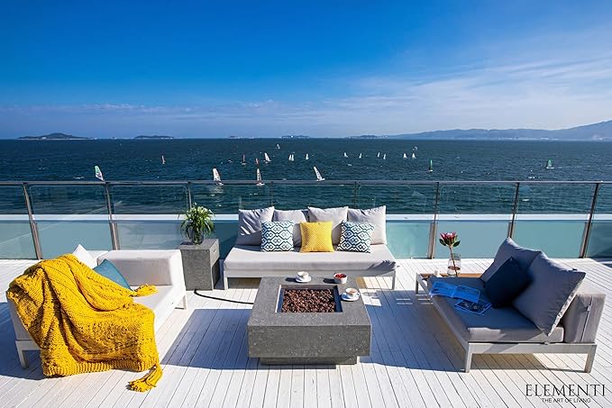 Elementi | Manhattan Gas Fire Pit Cast Concrete 36" Square Fire Table, Outdoor Fire Pit Electronic Ignition | Canvas Cover, Lava Rock Included | Light Gray (Propane Gas)