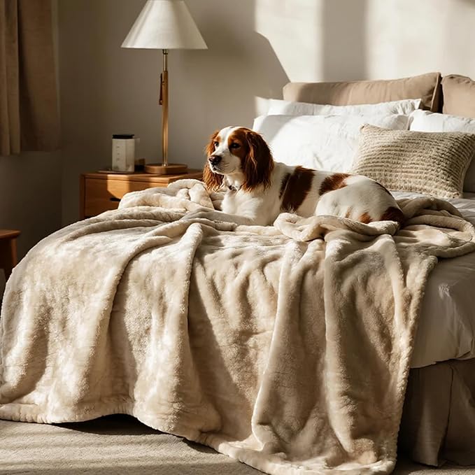 gogobunny Waterproof Bed Blanket, Reversible Sherpa Fleece Throw Blanket for Dog Puppy Cat, Furniture Cover Protects Bed Couch Sofa from Liquid Pee and Pet Fur (Beige, 60x80 inches)