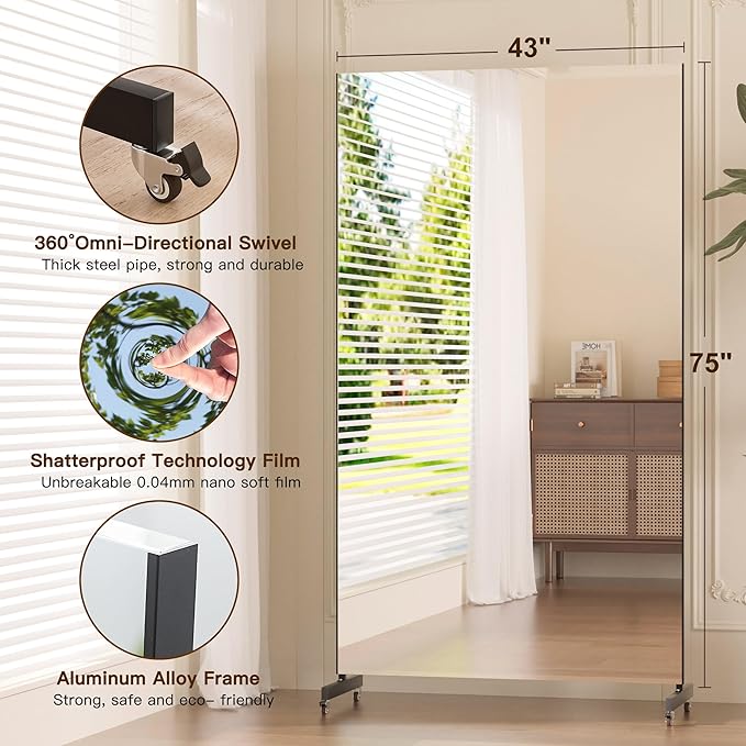 brisafe Home Gym Mirror 360° Swivel on Wheels, 75" X 43" Extra Large Nano Film Super Lightweight Unbreakable Full Length Mirror for Yoga Room, Dance Studio（ Black）