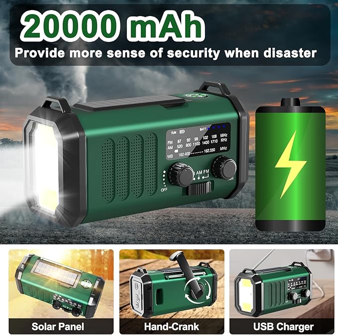 Emergency Radio NOAA Weather Radio with Hand Crank & Solar Charging 20000mAh Battery Built-in Flashlight, Reading Light & SOS Alarm AM/FM Weather Bands Compact & Portable for Camping & Emergencies