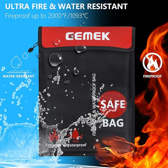 Fireproof Waterproof Money Document Bag 2 Pack, GEMEK Safe Zipper Bags, Fire & Water Resistant Storage Organizer Pouch for A4 A5 Documents Holder,File,Cash,Jewelry,Passport,Tablet,Laptop (Black)
