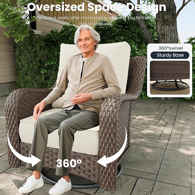 6 Pieces Outdoor Patio Furniture Sets with Rocking Swivel Chairs with 6-inch Thick Cushion and Side Table for Deck Lawn