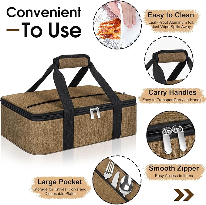 Insulated Casserole Carrier, Portable Casserole Carrier for Hot or Cold Food Lunch Tote Warmer or Cooler Bag, Lasagna Lunch Bag for Potluck Parties- Fits 9" x 13" Baking Dish-Coffee