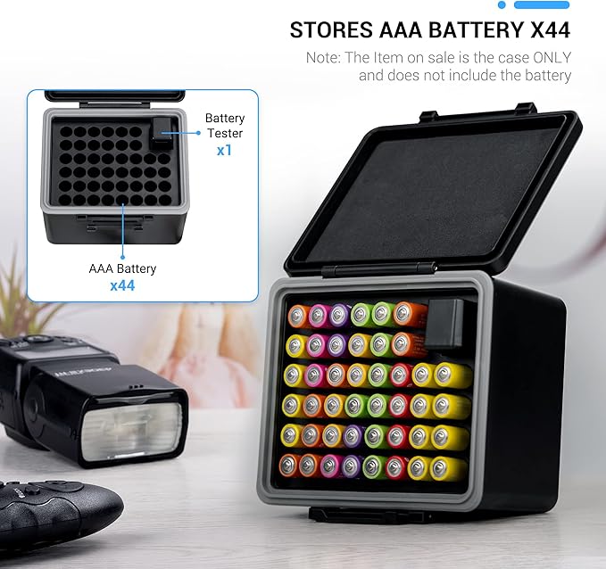 JJC AAA Battery Hard Case with Detachable Tester Checker,44 Slots AAA Battery Case Storage Oragnizer for Household Batteries,Water-Resistant and Shockproof