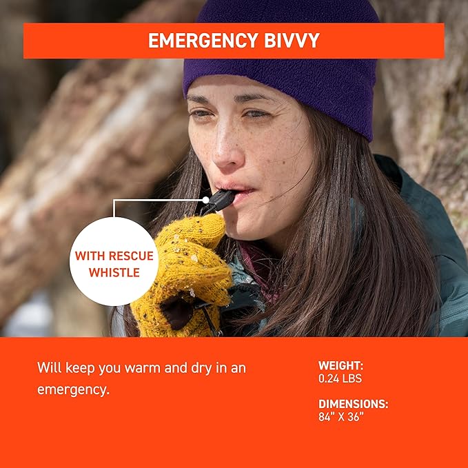 Survive Outdoors Longer 90% Emergency Bivvy - Comes with Survival Whistle & Tinder Paracord Drawstring - Add to Emergency Kit & Hiking Gear - Waterproof, Windproof & Tear-Resistant