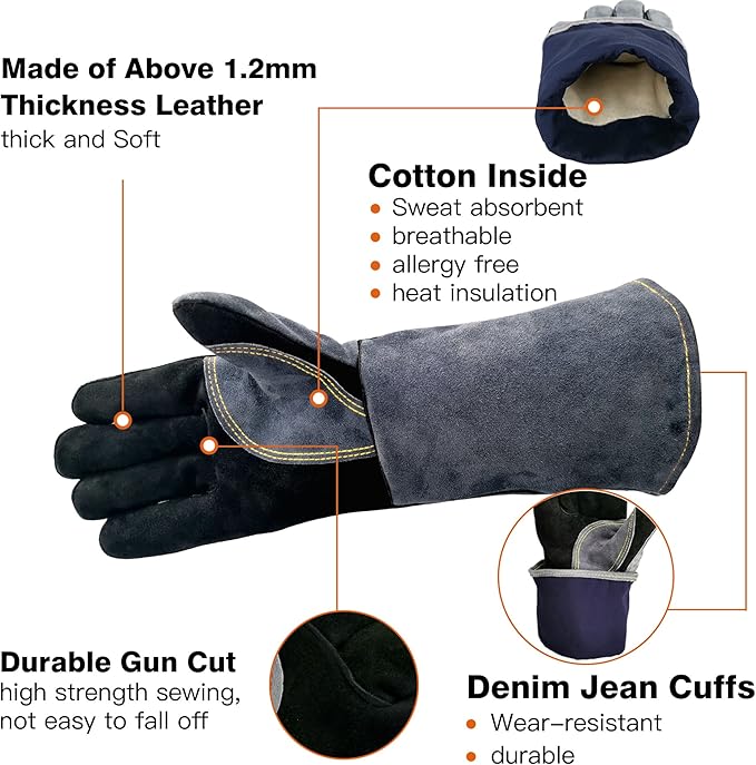 16 Inches,932℉,Leather Welding Gloves extra Large, Heat/Fire Resistant,Mitts for BBQ,Oven,Grill,Fireplace,Tig,Mig,Forge,Baking,Furnace,Stove,Pot Holder,Animal Handling Glove. XL, Black-gray