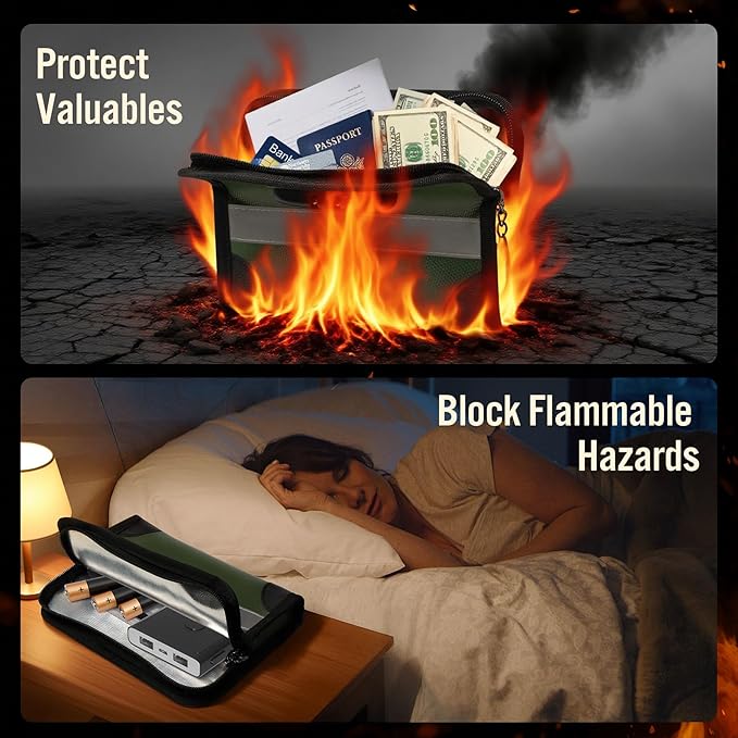 Fireproof Document Bag with Lock and Zipper – Fireproof Money Pouch with Reflective Strip, Wide Opening, Large Capacity (1.57" x 8.66" x 6.3"), Secure Cash, Phones, Cards & Passports – Green, Small