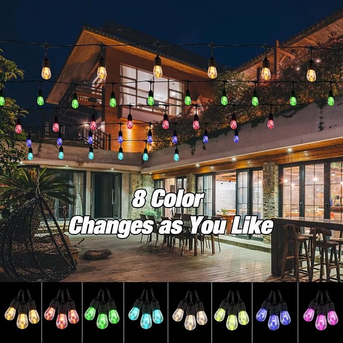 Auroraworld Outdoor String Lights RGB Solar, 48FT Dimmable Patio String Lights for Patio