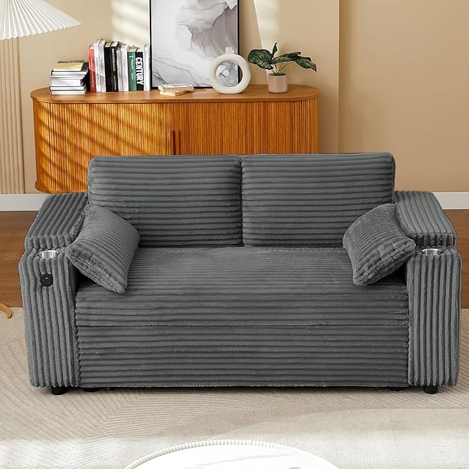 68.11" Corduroy Sleeper Chair Bed with USB Port, Cup Holders & Side Storage Pockets – 3-in-1 Foldable Sofa Bed for Guest Room, Living Room (ZY-1110-Dark Gray)