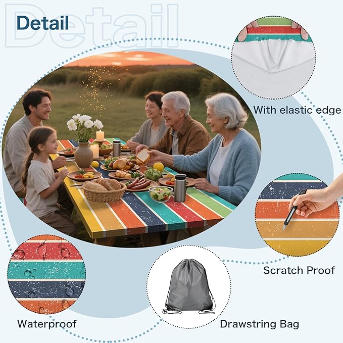 Colorful Picnic Table Cover with Bench Covers, 3 Pcs Waterproof Elastic Picnic Table Cover Outdoor Camping Essentials, Windproof Fitted Tablecloth for Camping, Indoor, Outdoor (Striped, 60X30 Inch)
