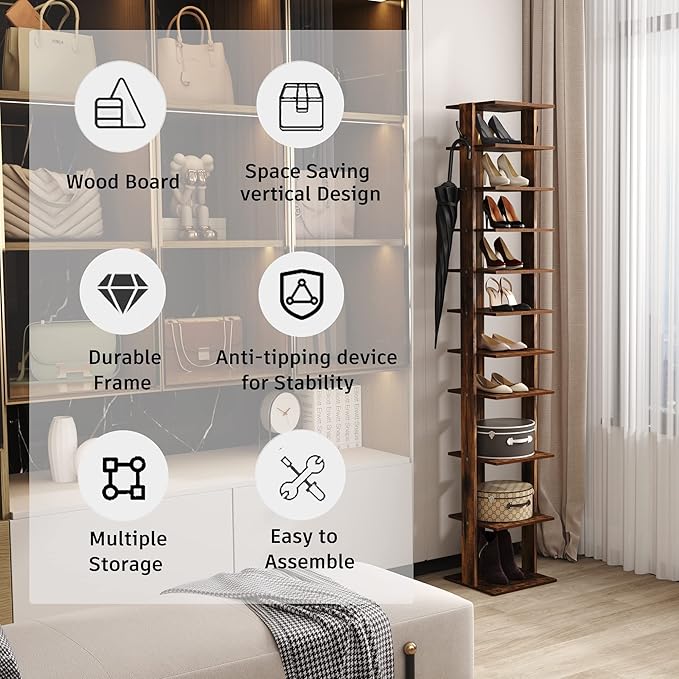 HOMEFORT 10-Tier Vertical Shoe Rack, Corner Shoe Tower, Slim Shoe Organizer with Two Hanging Hooks, Wooden Shoe Storage Stand for Entryway, Hallway, Closet, Rustic Brown