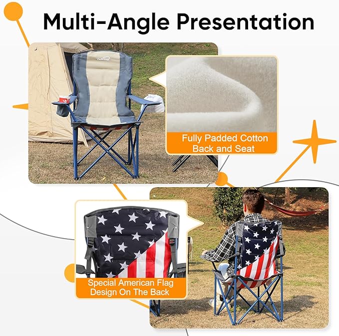 Colorsoul 2 Pack Folding Camping Chairs, Outdoor Lawn Chair Set of 2, Padded Camping Chairs w/Cup Holder & Carry Bag for Sports Garden Beach Terrace, American Flag