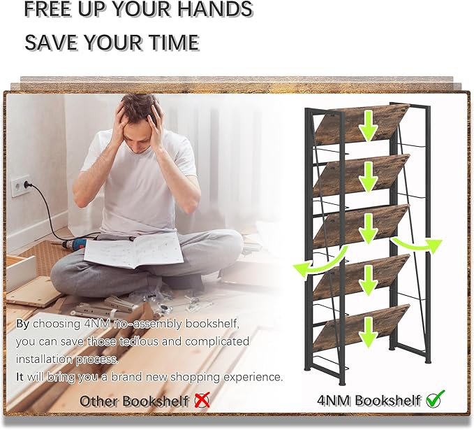 4NM No Assembly Folding Bookshelf, 5-Shelf 62.2" H Collapsible Foldable Bookcase Storage for Small Spaces, Rustic Brown and Black