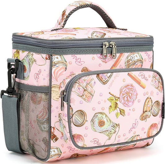 FlowFly Insulated Reusable Lunch Bag Adult Large Lunch Box for Women and Men with Adjustable Shoulder Strap,Front Zipper Pocket and Dual Large Mesh Side Pockets,Rose