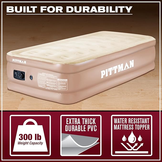 Pittman Outdoors Comfort Series Indoor Air Mattress with Built-in Electrical Air Pump, Twin 18-Inches Tall, Tan