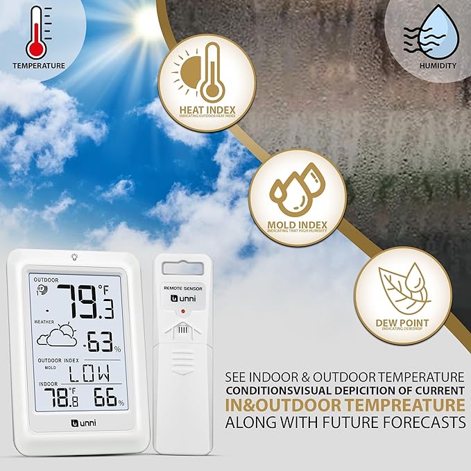 Indoor Outdoor Thermometer Wireless Weather Station, Temperature Humidity Monitor Battery Powered Inside Outside Thermometers with 330ft Range Remote Sensor and Backlight Display（WH01）
