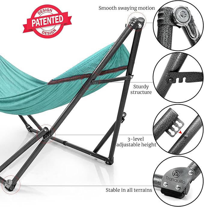 Tranquillo Universal Double Hammock with Stand Included for 2 Persons/Foldable Hammock Stand 600 lbs Capacity Portable Case - Inhouse, Outdoor, Camping, Sky