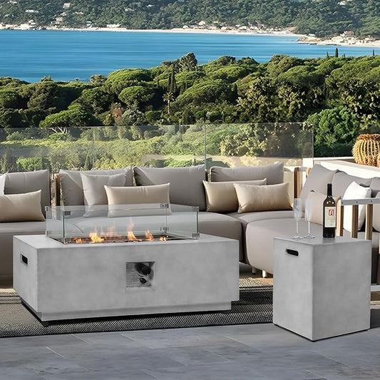 42" Rectangular Propane Fire Pit – 3-Piece 50,000 BTU Concrete Fire Pit with Glass Wind Guard and Tank Cover Table – Outdoor Firepits – Gas Fireplace for Deck or Patio