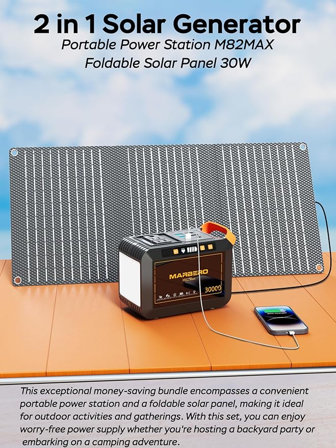 MARBERO 111Wh Solar Generator with Solar Panel Included Portable Power Station 120W with Foldable Panel 30W Set for Camping Outdoor Hiking Fishing Emergency