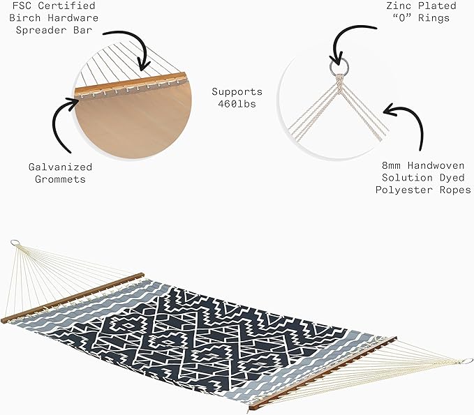 Fab Habitat Tribal Recycled Polyester Hammock - Kilimanjaro - Black - Indoor/Outdoor, Quick Dry, 2 Person 460 lbs Capacity - Patio, Poolside, Backyard, Garden, Beach, Balcony - 12-14 ft Adjustable