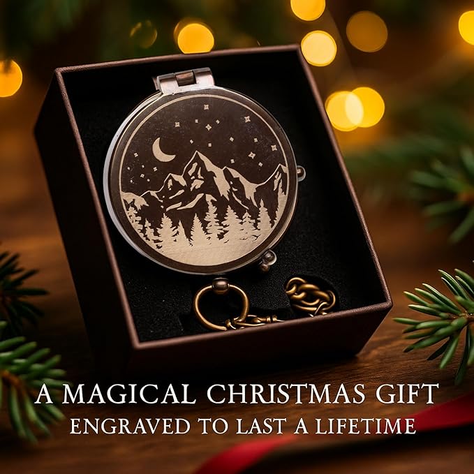 Engraved Compass Gift for Men – Vintage Brass Pocket Compass for Hiking, Adventure, and Travel – Antique Finish with Leather Case – Moon & Stars, or Road Design – Gift for Dad, Husband, or Son