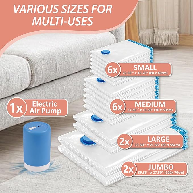 16 Pack Space Saver Storage Bags with Electric Air Pump
