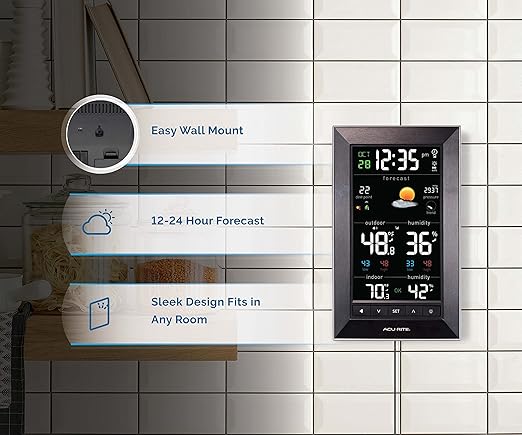 AcuRite Digital Vertical Weather Forecaster with Indoor/Outdoor Temperature, Humidity, and Date and Time (01121M) , BLACK