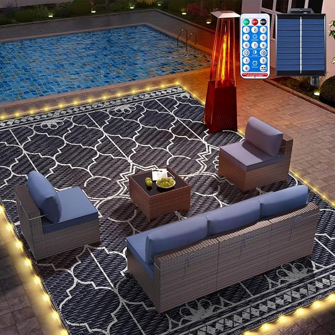 9x12Ft Outdoor Rug, Solar Powered Outdoor Rug with 131LEDs Strip Lights for House Deck, Waterproof Plastic Reversible Outdoor Straw Rugs, Rugs Mat RV Camping Patio Beach Balcony Picnic (Blue White)