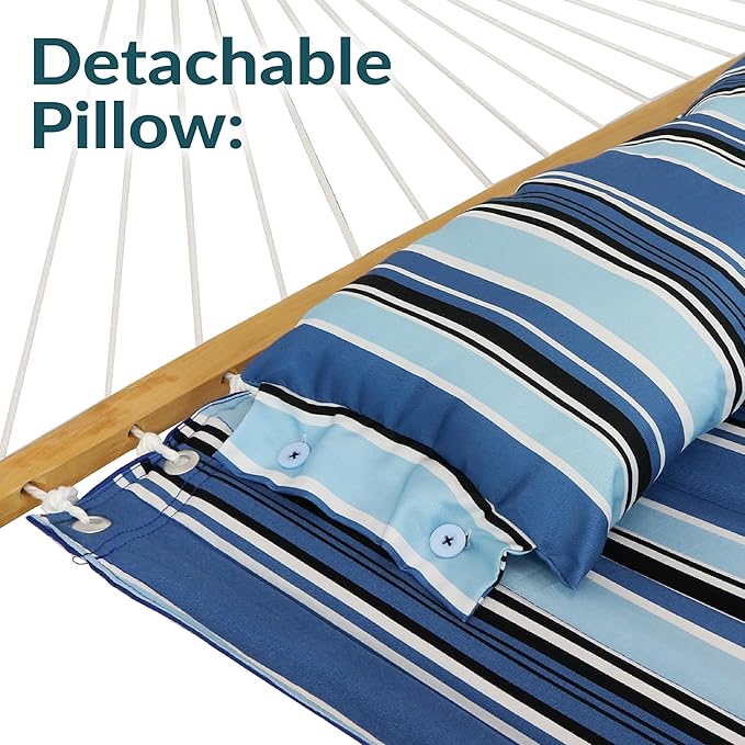 Sunnydaze Double Quilted Fabric Hammock with Universal Steel Stand - 450-Pound Capacity - Black Stand - Misty Beach