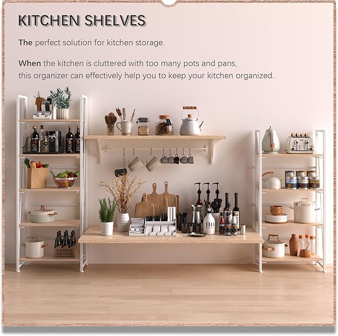 4NM No Assembly Folding Bookshelf, 5-Shelf 62.2" H Collapsible Foldable Bookcase Storage for Small Spaces, Natural White