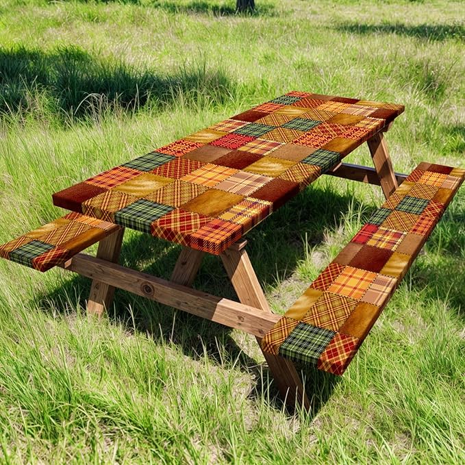 JAWO Picnic Table Covers with Bench Covers Camping Fall Autumn Tablecloth 6FT for 6 Person Fitted Picnic Table Cover with Elastic Windproof Waterproof Fabric, Camping Accessories Patio & Outdoor