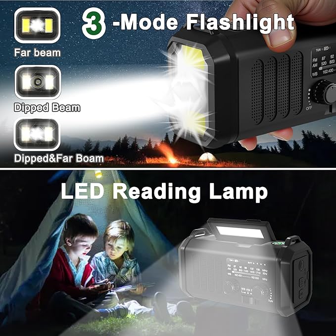 Emergency Radio NOAA Weather Radio Hand Crank & Solar Charging 20000mAh/74000mWh with AM FM Rechargeable Battery Built-in Flashlight Reading Light & SOS AM/FM & Portable for Camping & Emergencies