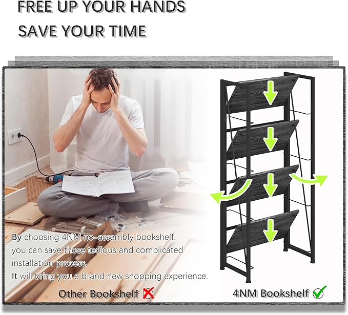4NM No-Assembly Folding Bookshelf Storage Shelves 4 Tiers Vintage Bookcase Standing Racks Study Organizer Home Office (Gray Black)