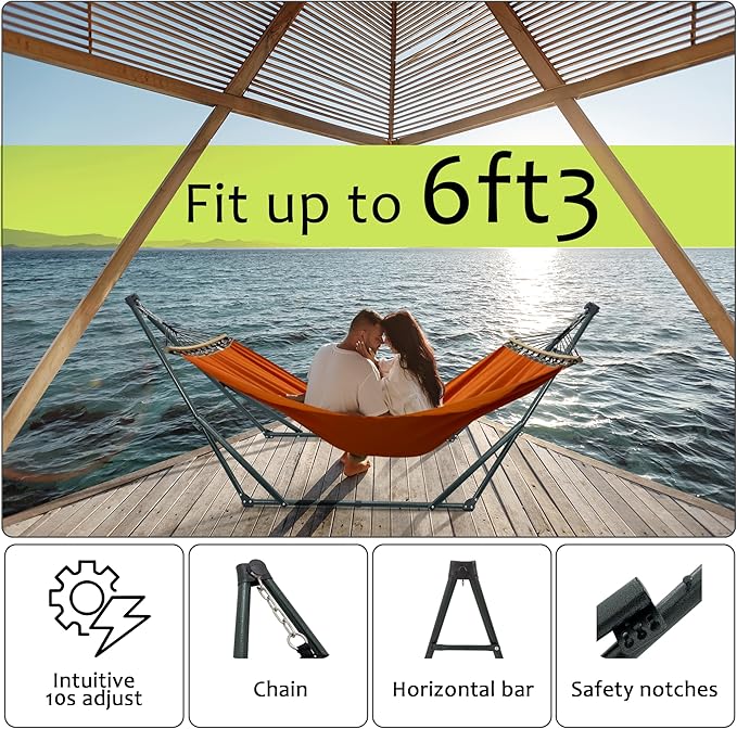 Tranquillo Sturdy Steel Hammock Stand with Premium Cotton Canvas, 600 lbs Capacity Folding Hammock Stand, Portable Hammock 30-Second Fold Unfold Hammock for Camping, Orange