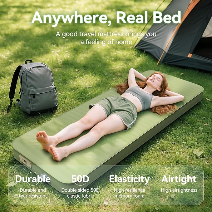Camping Sleeping Pad, 4" Ultra-Thick Memory Foam Camping Mat with Built-in Electric Pump, 9.5 R-Value Insulated Self Inflating Air Mattress Sleeping Pads for Car Travel Tent Essentials