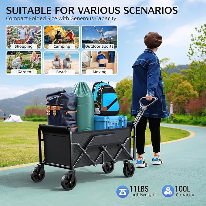 Collapsible Wagons Carts Foldable with 220lbs Weight Capacity, Lightweight Utility Portable Wagon Cart with Wheels, Grocery Foldable Wagon for Beach, Garden, Sports and Camping, Black