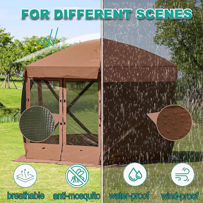 10 x 10 FT Pop Up Screen Tent, Portable Outdoor Camping Gazebo with Ground Stakes and Carry Bag, Brown