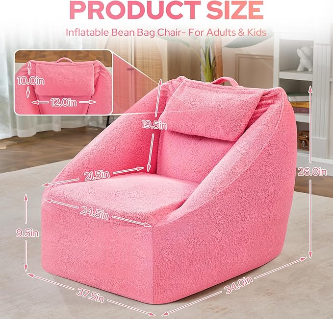 HABUTWAY Inflatable Bean Bag Chairs for Adult Blow up Chair Portable Inflatable Bean Bag Couch w/Electric Air Pump,Handle & Side Pocket for Movie Night Reading Gaming Living Room - Dark Pink