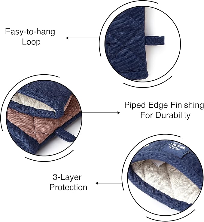 Encasa Heat Resistant Cotton Oven Gloves Mitts (2 Pc Set) - Quilted & Safe 12x7 in - for Kitchen, Cooking & Baking, Grilling, Handling Hot Pots & Pans - Scotch Blue
